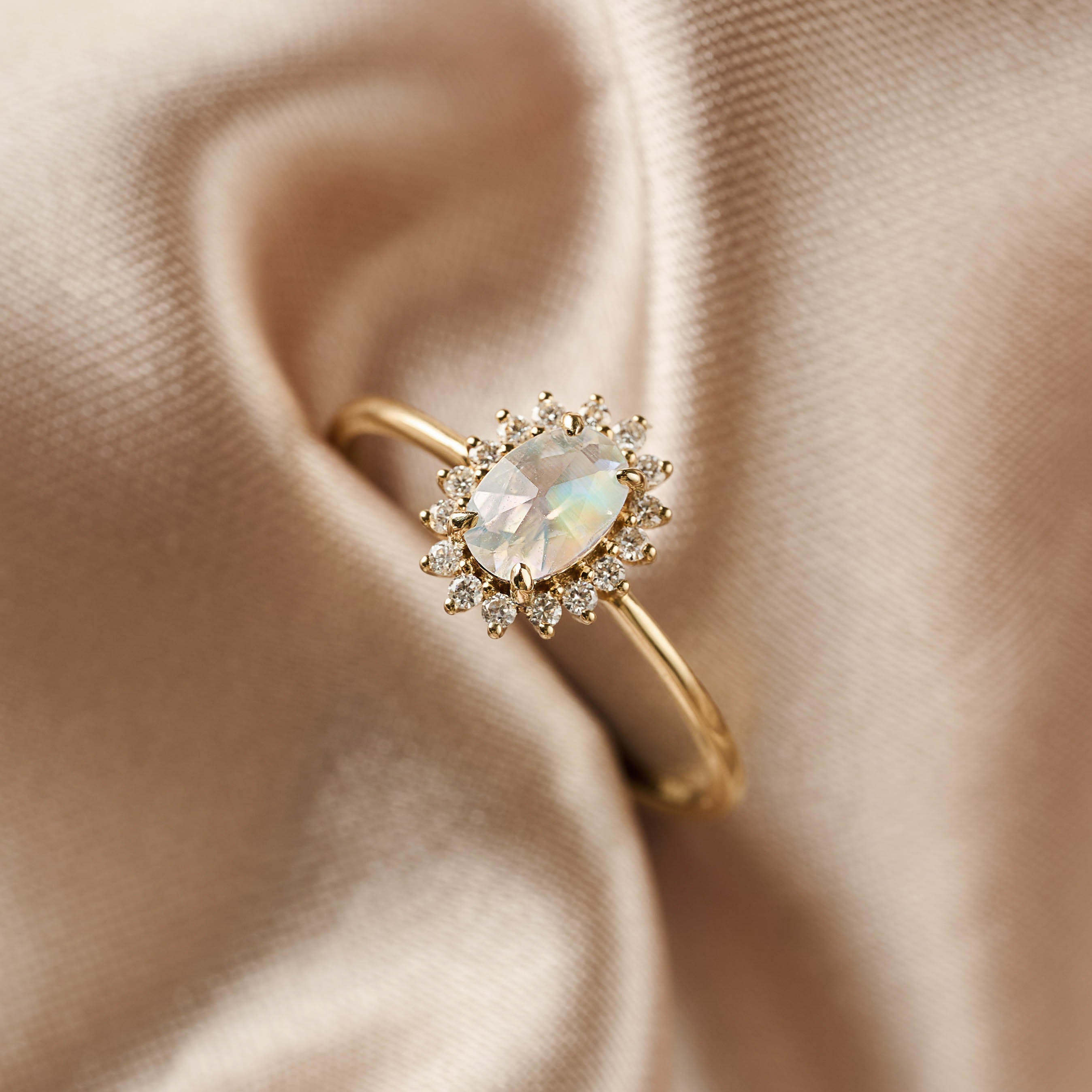 14K Gold Oval Rainbow Moonstone Diamond Halo Ring